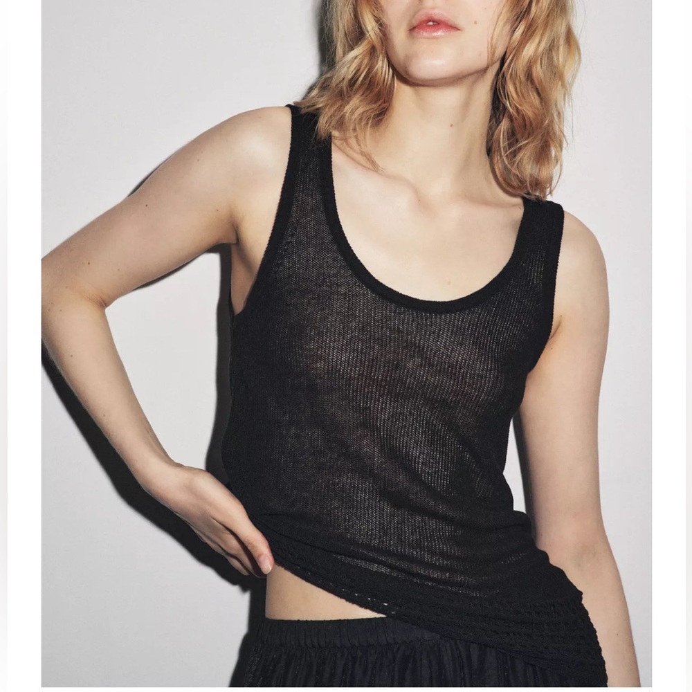 NWT Zara Black Pointelle Knit Crop Tank Top